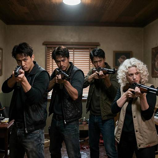 Four People Aiming Rifles in Dimly Lit Room