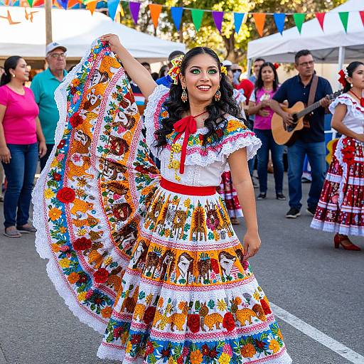 Photograph of a smiling Latina woman in a vibrant Mexican folk dress, dancing outdoors at a festival, with colorful flags and spectators in the background.