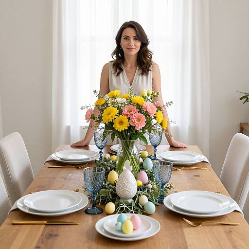 Photograph of a woman with wavy brown hair, wearing a white sleeveless top, standing behind an Easter-themed wooden table with colorful flowers, eggs