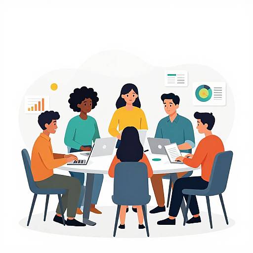 Illustration of six diverse colleagues, three men and three women, seated around a table discussing, with laptops and papers, in a bright, minimalist style