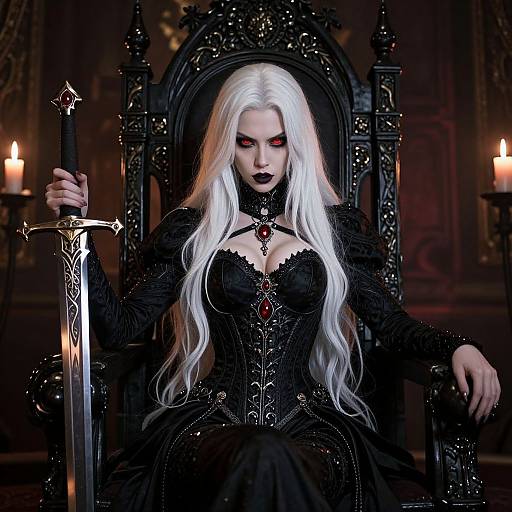 Digital art of a pale-skinned, white-haired woman with red eyes, black gothic dress, holding a sword, seated on a dark, orn