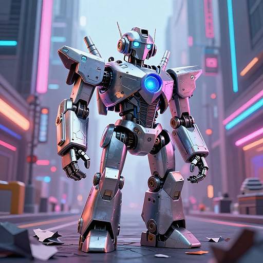 CGI image of a futuristic, silver robot with glowing blue eyes standing in a neon-lit, cyberpunk city street.