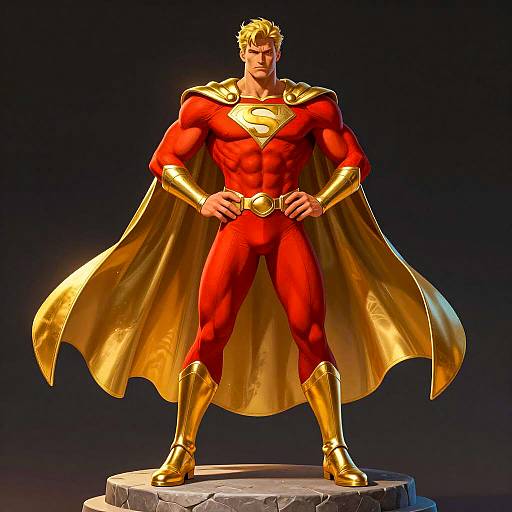 Bold Blonde Superhero on Stone Pedestal