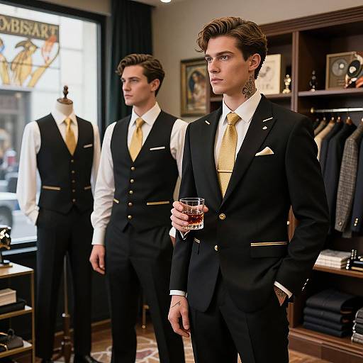 Photograph of two handsome young men in black vests, white shirts, and gold ties, holding glasses, standing in a stylish boutique.
