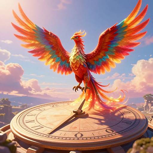Digital artwork of a vibrant, multicolored phoenix with fiery wings perched on a sunlit, circular clock face against a bright blue sky.