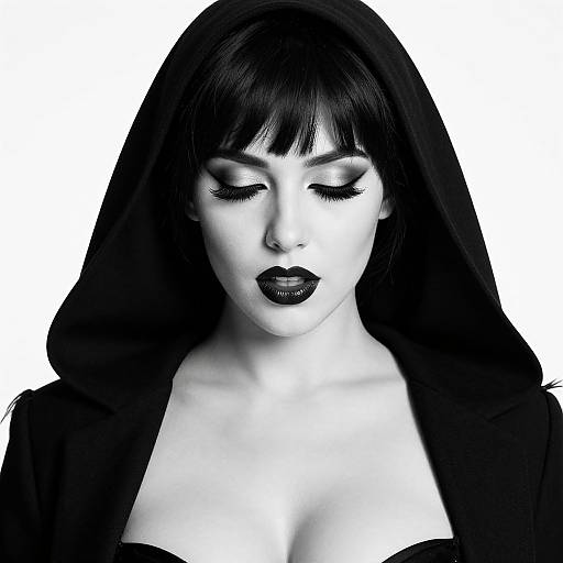 Black-and-white photograph of a gothic woman with dark lipstick, closed eyes, long black hair, and a hooded garment, against a white background