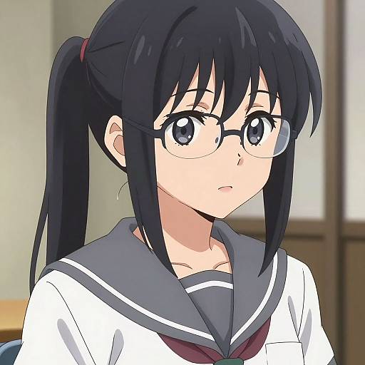 Anime-style digital drawing of a young girl with black hair in a ponytail, wearing glasses, a blue sailor uniform, and a red necktie,