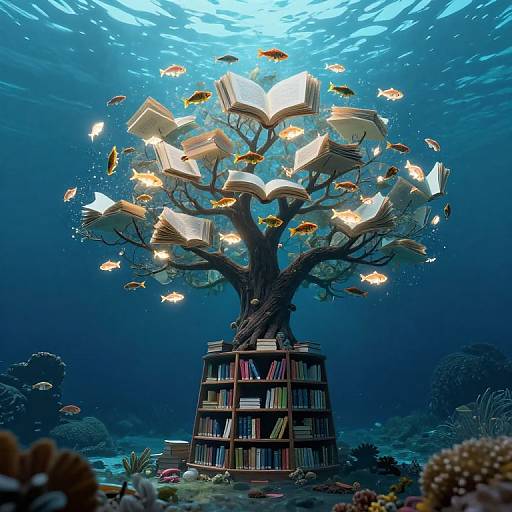 Photograph of an underwater fantasy scene: a tree with open books as leaves, surrounded by colorful fish, rooted in a bookshelf. Bright, glowing