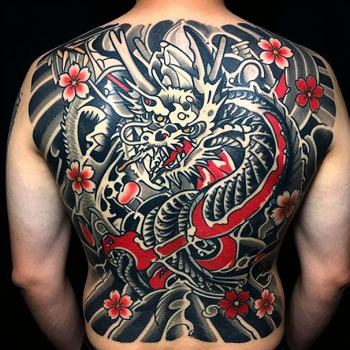 Photograph of a muscular man's back, featuring a vibrant, detailed traditional Japanese-style tattoo of a fierce dragon with red accents and cherry blossoms,