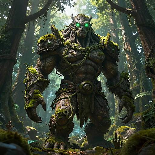 CGI fantasy forest scene with a towering, moss-covered, muscular, green-eyed, armored monster standing amidst lush trees and ferns. Glowing green