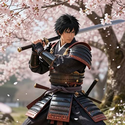 Digital painting of a fierce, black-haired samurai with intense eyes, holding a sword under cherry blossom branches, wearing detailed black armor.