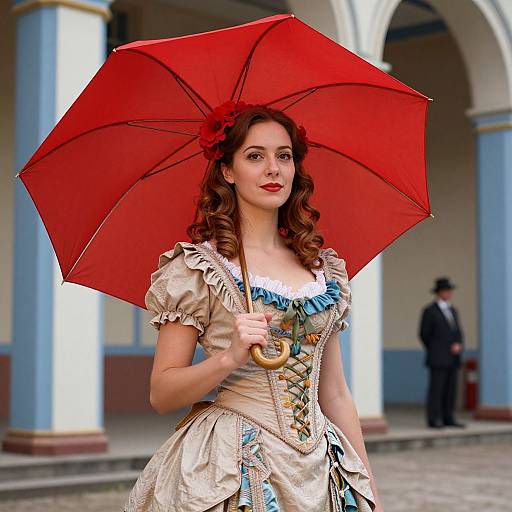 Photograph of a fair-skinned woman with curly brown hair, wearing a vintage cream dress with blue accents, holding a bright red umbrella, standing in