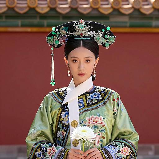Asian Woman in Traditional Green Silk Dress with Headdress