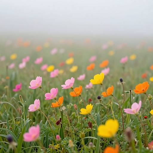 Vibrant Wildflowers in Foggy Meadow