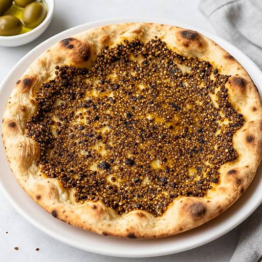 Photograph of a rustic pizza topped with a generous layer of black sesame seeds, on a white plate with olives in a bowl in the background.