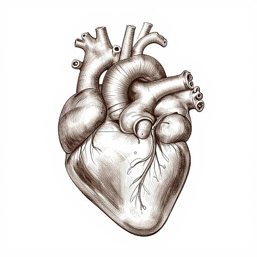 Detailed black-and-white ink drawing of a human heart with visible arteries, veins, and valves, showcasing intricate linework and shading.