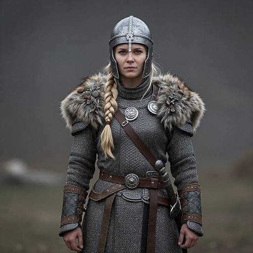 Photograph of a serious, blonde-haired woman in medieval armor with fur-lined shoulders, silver helmet, and chainmail, standing in a foggy,