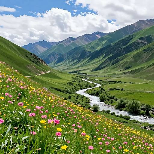 Vibrant photograph of a mountainous valley with a meandering river, lush green hills, colorful wildflowers, and a bright blue sky with fluffy