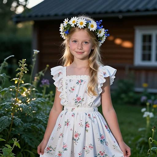 Photograph of a blonde, blue-eyed young girl in a white floral dress, wearing a daisy crown, standing in a sunlit garden.