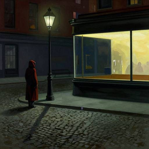 Nighttime street scene: Silhouetted woman in red hooded coat stands by illuminated storefront, casting shadows on cobblestone street. Vintage lamp