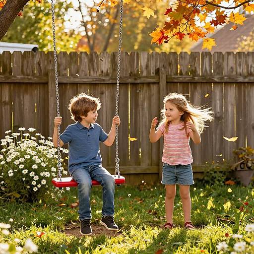 Siblings Playing in Sunlit Backyard