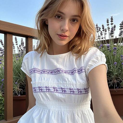 Photograph of a young woman with light brown hair, wearing a white dress with purple lace trim, standing on a wooden balcony surrounded by lavender plants under