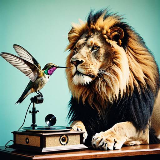 Surreal Lion with Hummingbird Wings and Vintage Phonograph