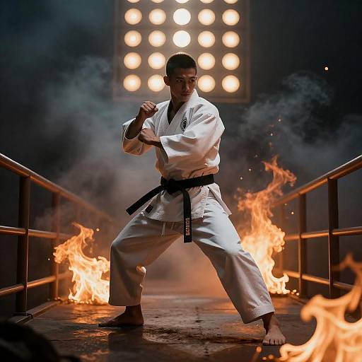 Martial Artist on Burning Metal Bridge