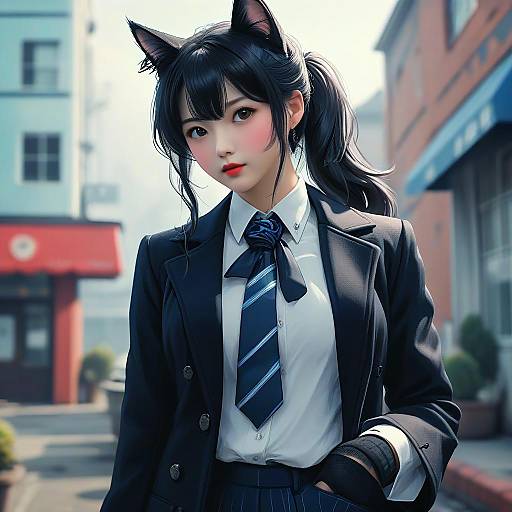 Digital anime-style photograph of a young woman with black cat ears, black hair in a ponytail, wearing a black blazer, white shirt, blue