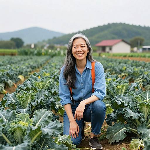 Photograph of a smiling Asian woman with long black hair, wearing a blue shirt and jeans, crouching in a lush green kale field with a
