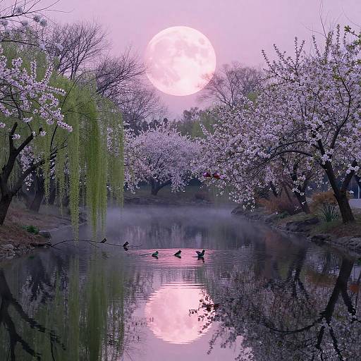 Photograph of a serene, purple-lit pond at sunset, reflecting a glowing sun, surrounded by blooming cherry blossoms, with ducks swimming and