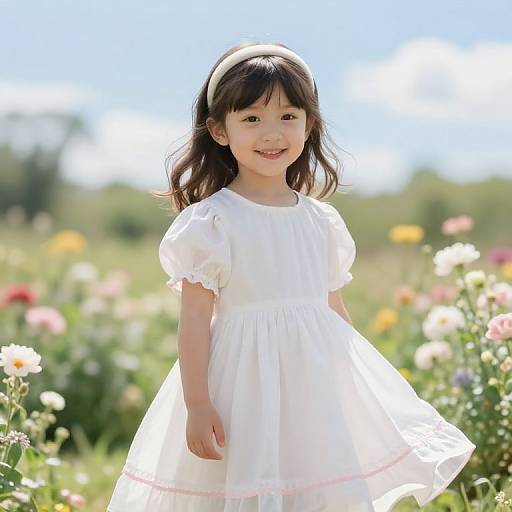 Photograph of a smiling young Asian girl with long black hair, wearing a white dress and headband, standing in a sunny, colorful flower field.