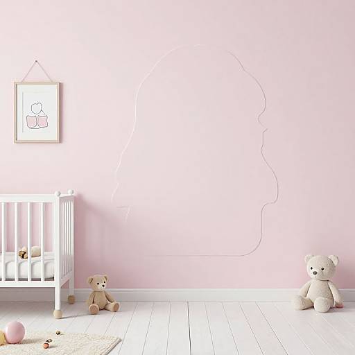 Photograph of a minimalist pink nursery with a white crib, two teddy bears, a framed illustration, and a pink rug.