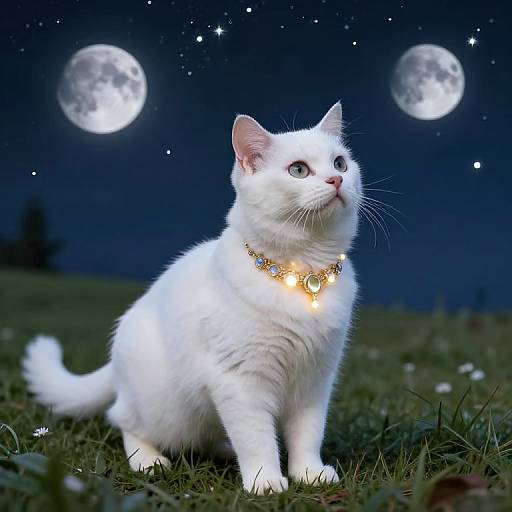 Photograph of a white kitten with glowing collar, gazing at two full moons in a starry night sky, sitting on grass.