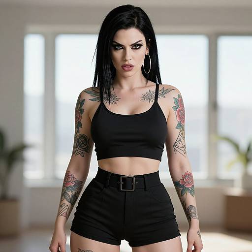 Photograph of a tattooed, black-haired woman with dark makeup, wearing a black crop top and high-waisted shorts, standing in a bright
