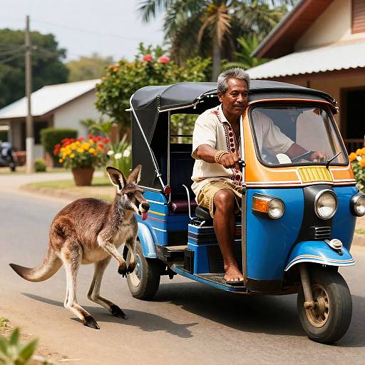 Man Riding Auto Rickshaw with Wallaby on Village Road