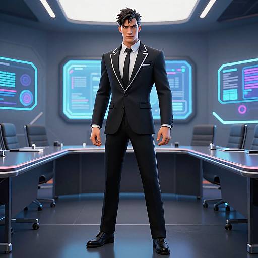 Photorealistic CGI: Handsome man in black suit, white shirt, and tie stands confidently in futuristic, neon-lit conference room with sleek desks