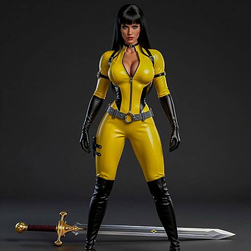 Woman in Yellow Latex Bodysuit with Sword