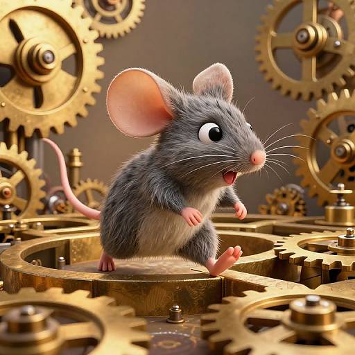 CGI image of a gray, cartoon-style mouse with large pink ears and wide eyes, standing on a brass gear, surrounded by intricate, golden clock