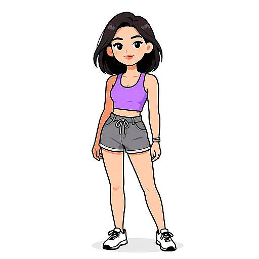 Digital cartoon of an Asian woman with short black hair, wearing a purple tank top, gray shorts, white sneakers, and a wristband, standing against