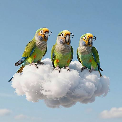 Photograph-style digital art of three green and yellow parakeets with glasses perched on a white cloud against a bright blue sky.