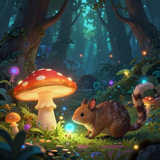 Digital fantasy illustration of a brown, fluffy squirrel with a black-tipped tail beside a glowing red mushroom in a magical, luminescent forest with bi