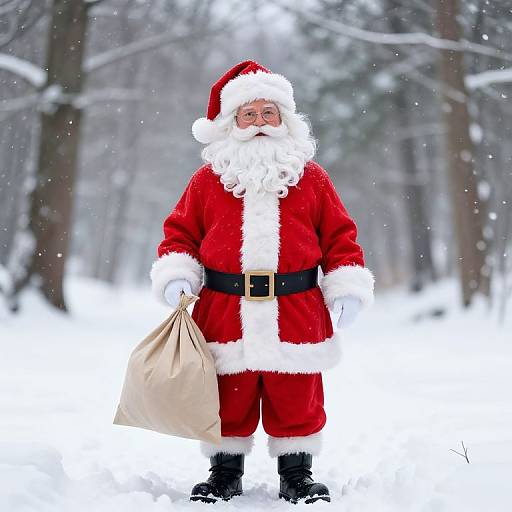 Photograph of Santa Claus in red suit with white trim, black belt, holding beige sack, standing in snowy forest.