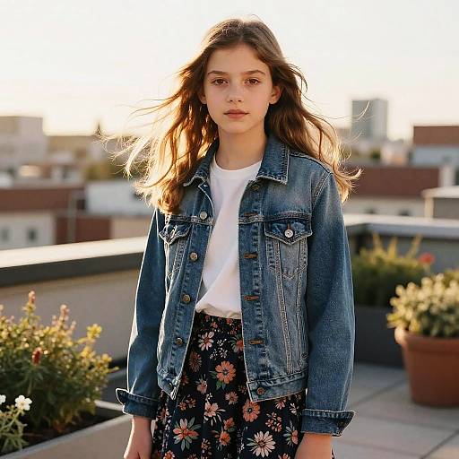 Teen Girl with Windswept Hair on Rooftop