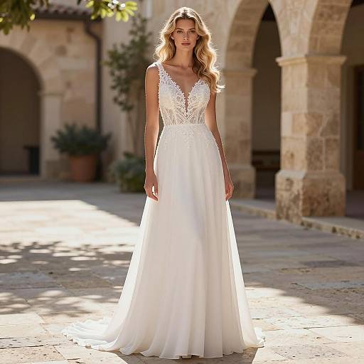 Elegant White Wedding Dress in Stone Courtyard