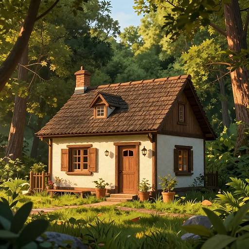 Charming, sunlit cottage with a shingled roof nestled in a lush, green forest, surrounded by potted plants and dappled sunlight
