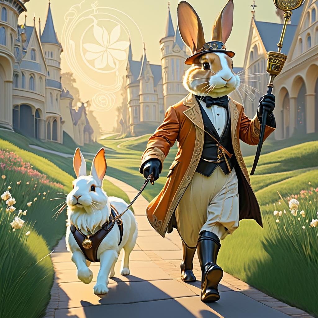 Anthropomorphic Rabbit Walking a Dog