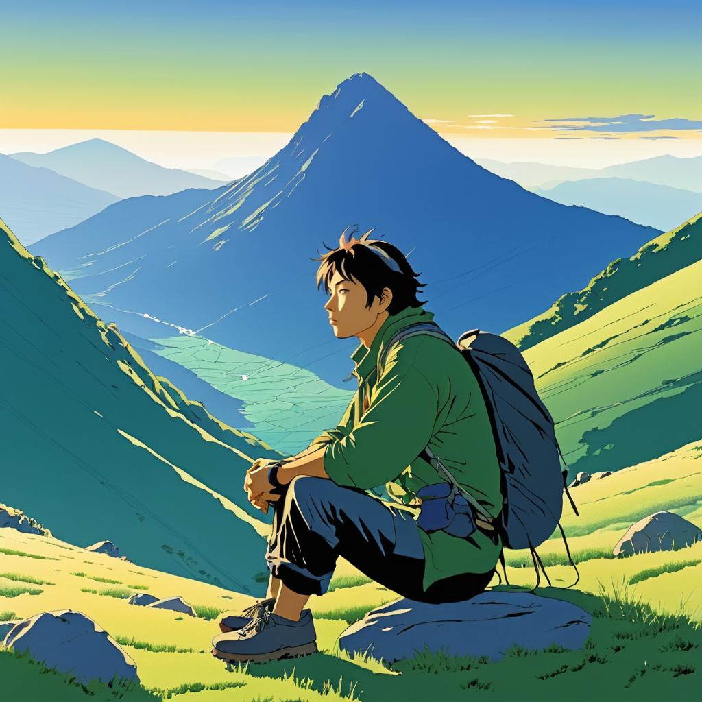 Contemplative Traveler in Serene Mountains