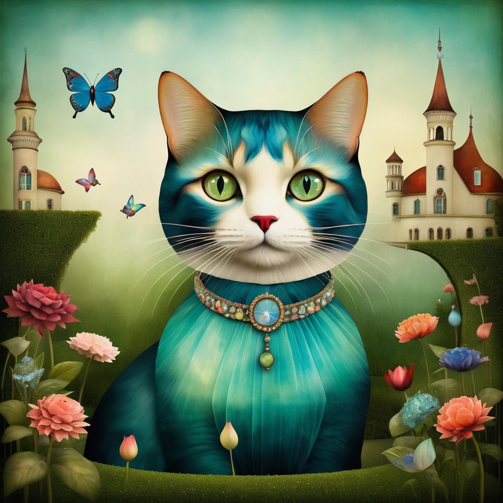 Whimsical Cat in Surreal Garden Scene