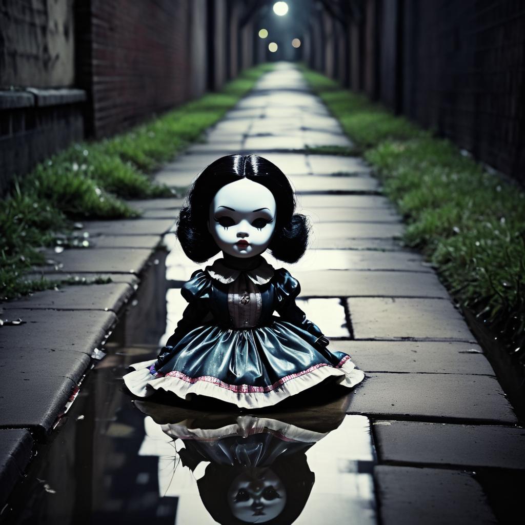 Eerie Doll in Gutter with Mask